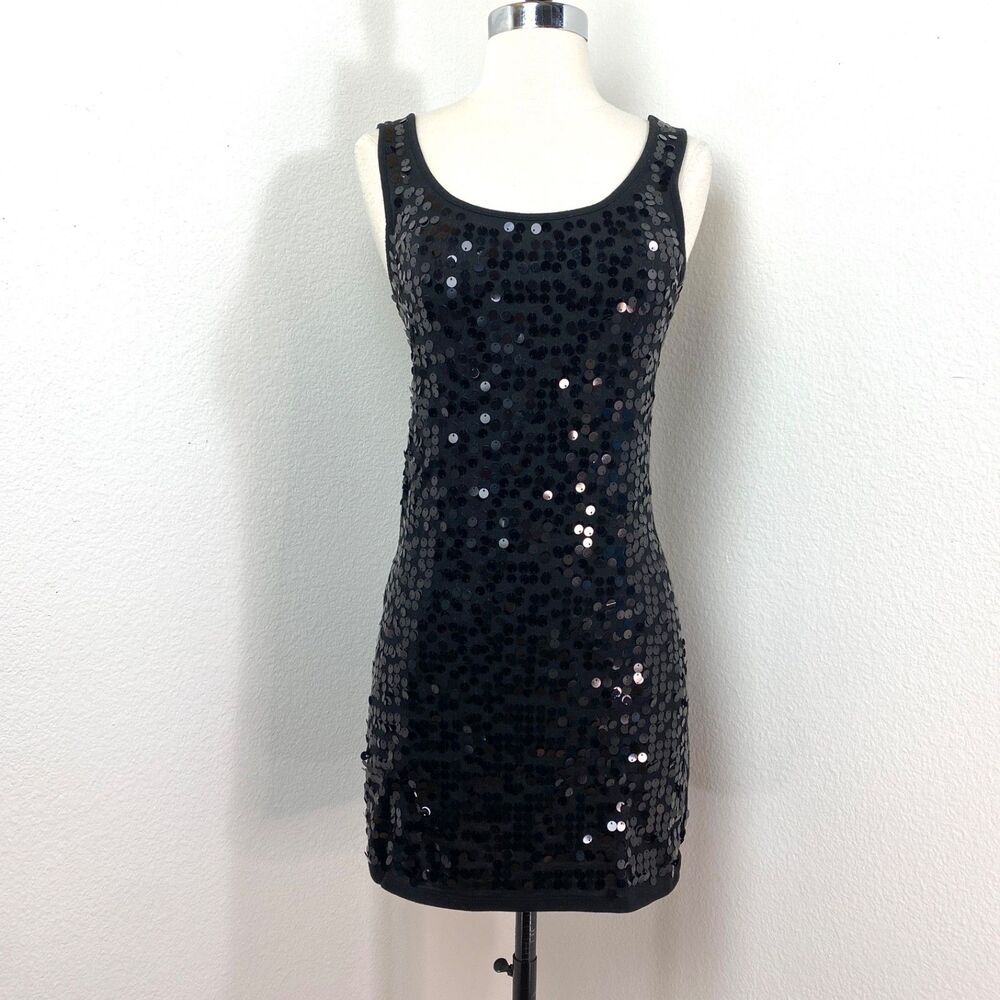 Eye Shadow  Black Sequin Bodycon Dress Small Mini Knit Sleeveless Club Party Y2K